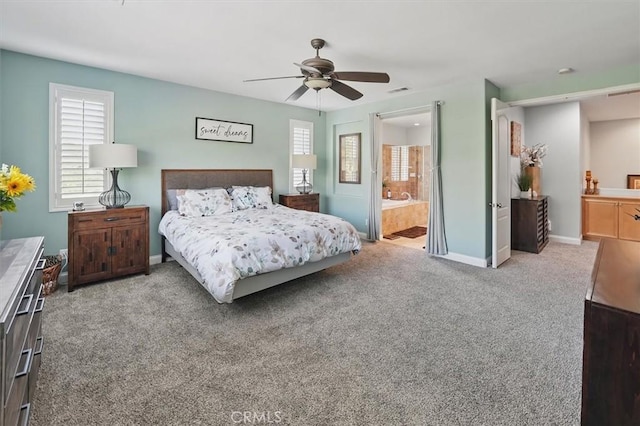 29160 Harmony Way, Saugus, CA 91390 - bedroom featuring light carpet, connected bathroom, and ceiling fan