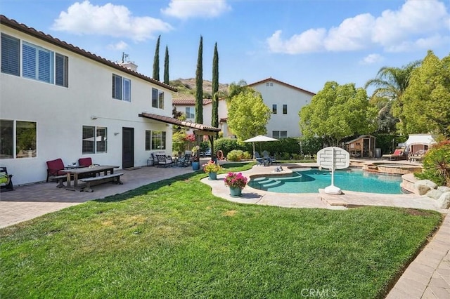 29160 Harmony Way, Saugus, CA 91390 - swimming pool with a patio area, a yard, and a storage unit
