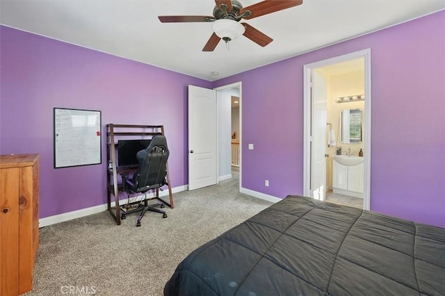 29160 Harmony Way, Saugus, CA 91390 - bedroom featuring carpet flooring, an office area, connected bathroom, and ceiling fan