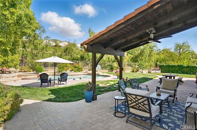 29160 Harmony Way, Saugus, CA 91390 - fenced backyard featuring an outdoor hot tub, a patio area, and ceiling fan