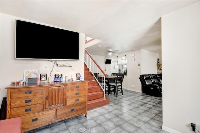 20290 E Arrow Unit C, Covina, CA 91724 - living area featuring stairs and a ceiling fan