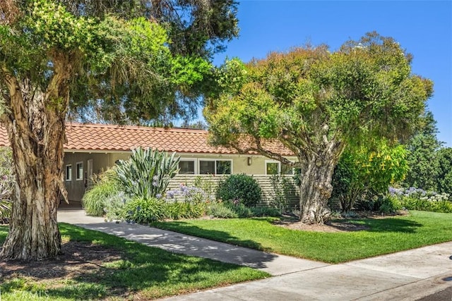 3253 San Amadeo Unit P, Laguna Woods, CA 92637 - view of front of house featuring a tiled roof, a front yard, and stucco siding