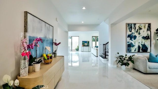 17413 Siena Ln, Fountain Valley, CA 92708 - corridor featuring stairway and recessed lighting