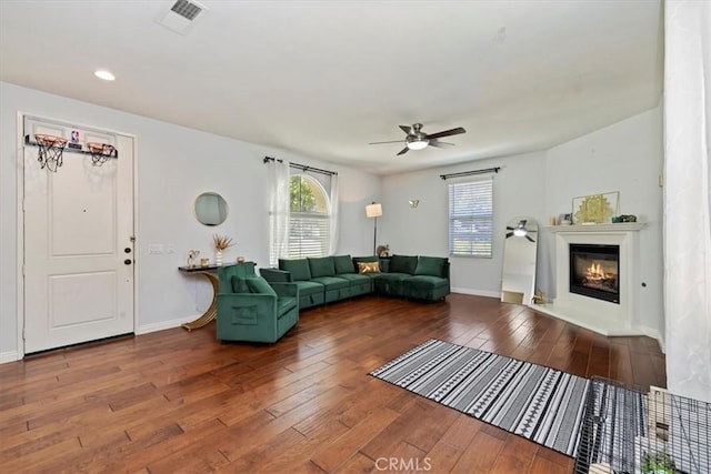 10349 Cooks Dr Unit 2, Rancho Cucamonga, CA 91730 - living room featuring hardwood / wood-style flooring, a ceiling fan, a glass covered fireplace, and recessed lighting