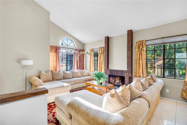 1549 Hillcrest Dr, Pomona, CA 91768 - living room with a brick fireplace, high vaulted ceiling, and light tile patterned flooring