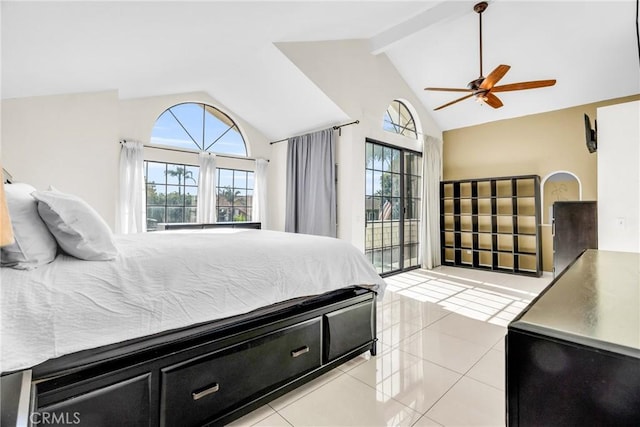 1549 Hillcrest Dr, Pomona, CA 91768 - bedroom featuring multiple windows, light tile patterned floors, beamed ceiling, a ceiling fan, and high vaulted ceiling