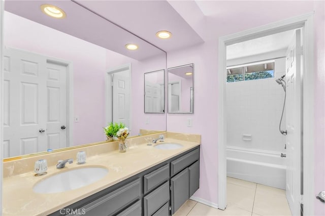 1549 Hillcrest Dr, Pomona, CA 91768 - bathroom with double vanity, tile patterned floors, shower / washtub combination, and recessed lighting