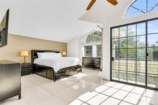 1549 Hillcrest Dr, Pomona, CA 91768 - bedroom featuring lofted ceiling, access to outside, light tile patterned flooring, and a ceiling fan