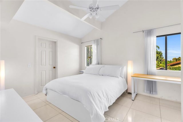 1549 Hillcrest Dr, Pomona, CA 91768 - tiled bedroom with multiple windows, a ceiling fan, and high vaulted ceiling
