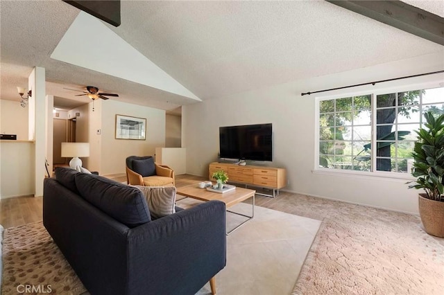 6157 Hillary Ct, Riverside, CA 92506 - living area featuring a textured ceiling, ceiling fan, and vaulted ceiling