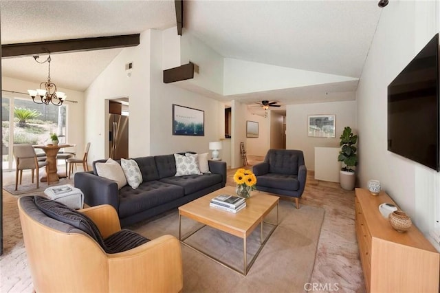 6157 Hillary Ct, Riverside, CA 92506 - living room with a chandelier, beam ceiling, ceiling fan, light carpet, and high vaulted ceiling