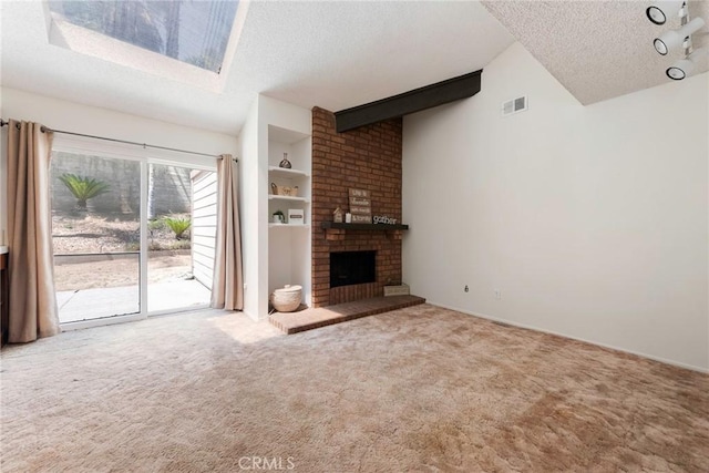 6157 Hillary Ct, Riverside, CA 92506 - unfurnished living room featuring a textured ceiling, carpet flooring, a brick fireplace, and lofted ceiling