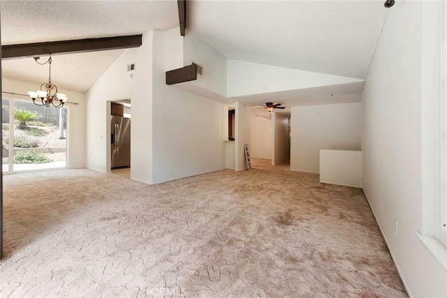 6157 Hillary Ct, Riverside, CA 92506 - unfurnished living room with carpet flooring, beamed ceiling, a chandelier, ceiling fan, and high vaulted ceiling