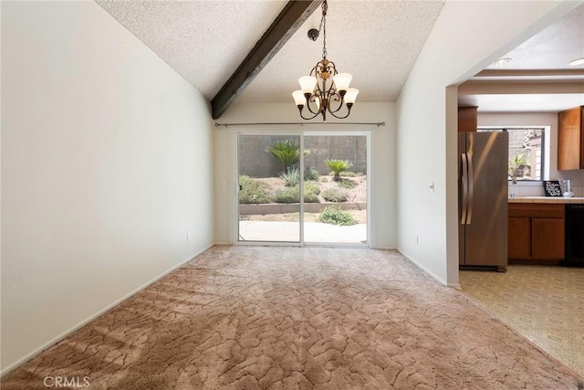 6157 Hillary Ct, Riverside, CA 92506 - unfurnished dining area with light colored carpet, a chandelier, and a textured ceiling