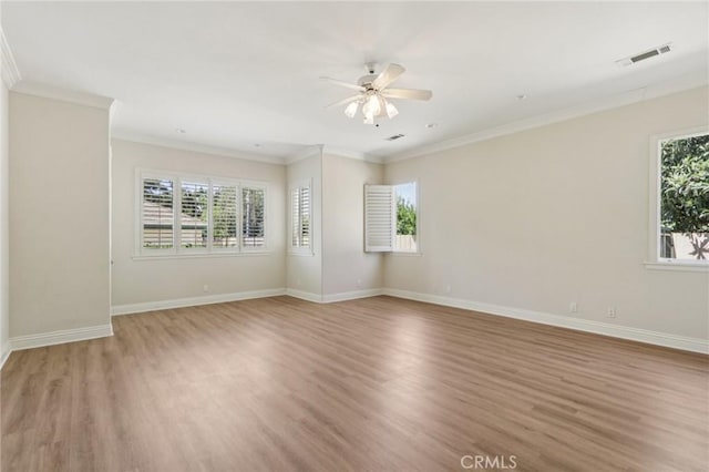16860 Rayen St, Northridge, CA 91343 - empty room with light wood-style floors, a ceiling fan, and crown molding