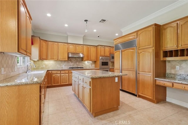 16860 Rayen St, Northridge, CA 91343 - kitchen with built in appliances, under cabinet range hood, crown molding, light stone countertops, and a kitchen island