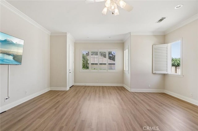 16860 Rayen St, Northridge, CA 91343 - empty room featuring light wood-style floors, ceiling fan, and ornamental molding