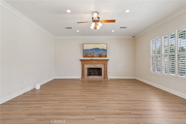 16860 Rayen St, Northridge, CA 91343 - unfurnished living room featuring ceiling fan, light wood-type flooring, crown molding, recessed lighting, and a fireplace