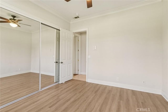 16860 Rayen St, Northridge, CA 91343 - unfurnished bedroom featuring light wood-style flooring, ornamental molding, a closet, and ceiling fan
