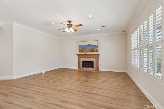 16860 Rayen St, Northridge, CA 91343 - unfurnished living room with ceiling fan, light wood finished floors, a fireplace with flush hearth, recessed lighting, and crown molding
