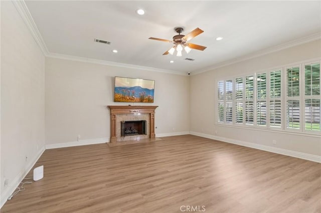 16860 Rayen St, Northridge, CA 91343 - unfurnished living room featuring ceiling fan, light wood-type flooring, ornamental molding, a premium fireplace, and recessed lighting