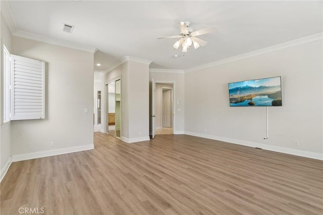 16860 Rayen St, Northridge, CA 91343 - unfurnished living room featuring light wood-style floors, a ceiling fan, and ornamental molding