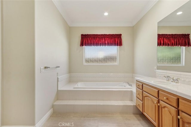 16860 Rayen St, Northridge, CA 91343 - bathroom with vanity, a bath, crown molding, and recessed lighting