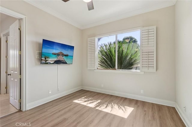 16860 Rayen St, Northridge, CA 91343 - empty room featuring wood finished floors, crown molding, and a ceiling fan