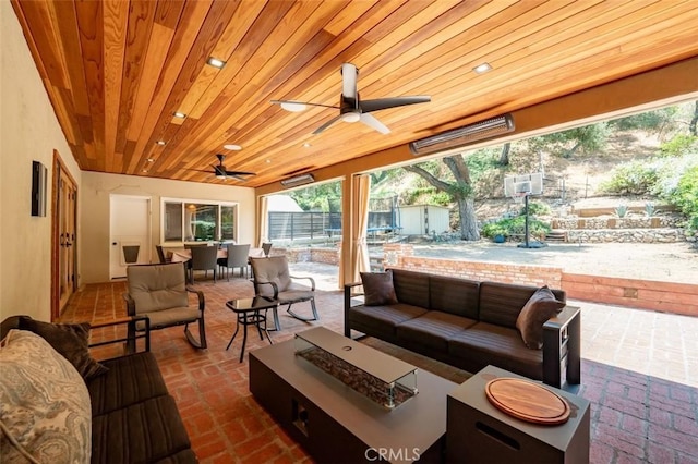 2248 E Chevy Chase Dr, Glendale, CA 91206 - view of patio featuring an outdoor living space with a fire pit, a ceiling fan, outdoor dining space, and a shed