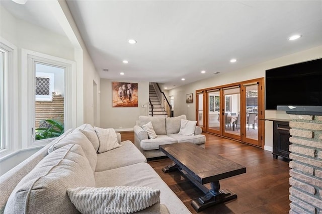 2248 E Chevy Chase Dr, Glendale, CA 91206 - living room featuring french doors, recessed lighting, stairs, dark wood-style floors, and a fireplace
