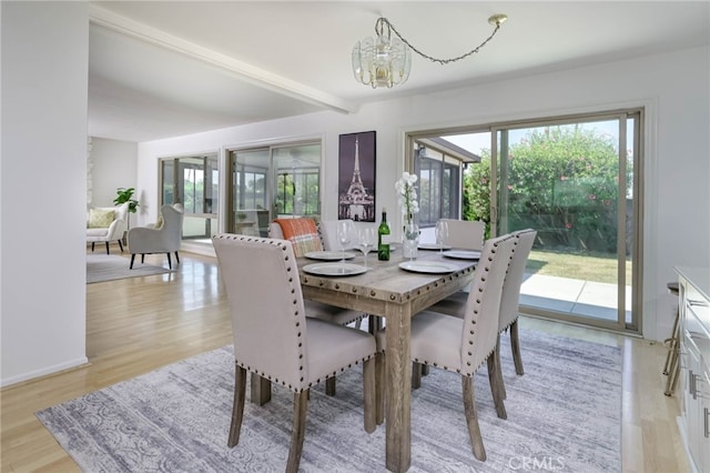 4931 Saint Andrews Ave, Buena Park, CA 90621 - dining area featuring plenty of natural light, beamed ceiling, a chandelier, and light wood finished floors
