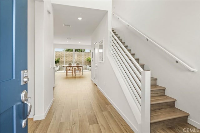 4830 Arroyo Run, Moorpark, CA 93021 - foyer featuring stairs, light wood-type flooring, and recessed lighting