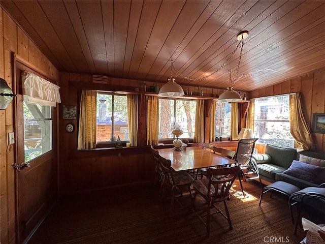 41132 Oak Dr, Forest Falls, CA 92339 - dining room with wooden walls, wooden ceiling, and wood finished floors