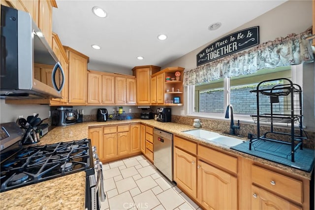 3911 Bryce Ct, Chino, CA 91710 - kitchen featuring appliances with stainless steel finishes, recessed lighting, light stone countertops, open shelves, and light brown cabinetry