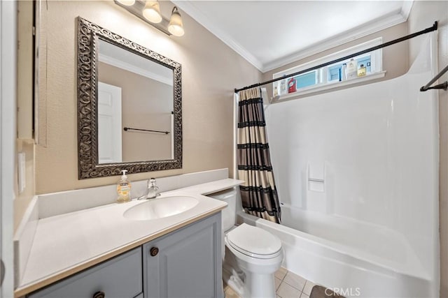 3911 Bryce Ct, Chino, CA 91710 - full bath featuring ornamental molding, shower / bath combination with curtain, vanity, and tile patterned flooring