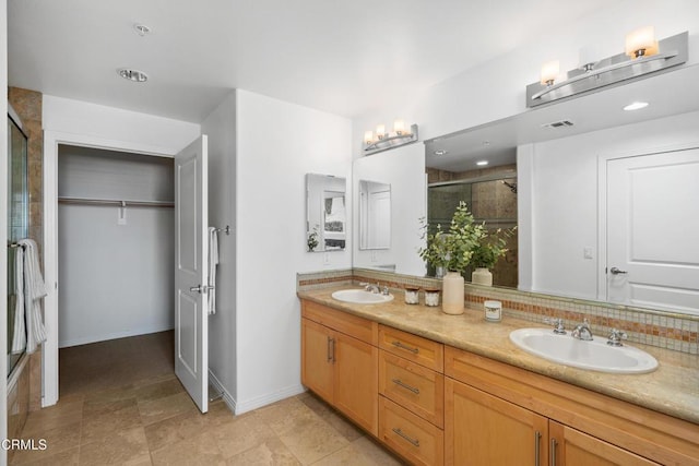 931 E Walnut St Unit 612, Pasadena, CA 91106 - full bathroom with a tile shower, double vanity, and decorative backsplash