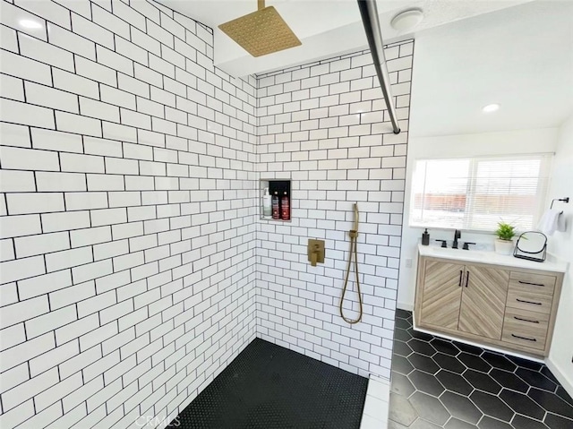 3191 Pearl Springs Ave Unit 29, Palms, CA 92277 - full bathroom featuring tile patterned flooring, a tile shower, and recessed lighting