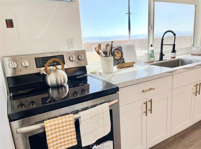 3191 Pearl Springs Ave Unit 29, Palms, CA 92277 - kitchen with stainless steel electric range, wood finished floors, white cabinets, and light countertops