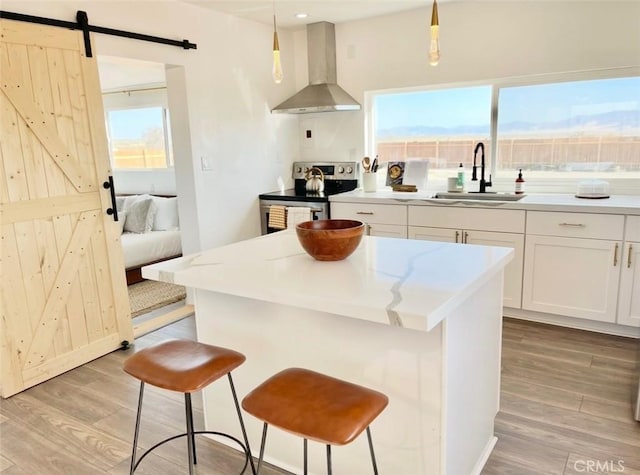 3191 Pearl Springs Ave Unit 29, Palms, CA 92277 - kitchen featuring wall chimney range hood, stainless steel range with electric cooktop, light wood finished floors, and a barn door