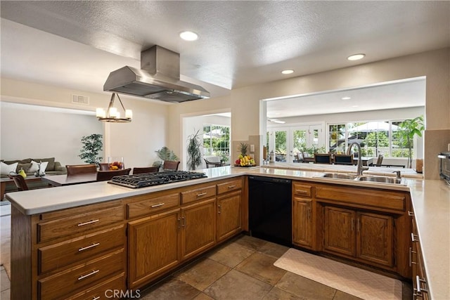 8652 Surrey Ln, Rancho Cucamonga, CA 91701 - kitchen featuring black dishwasher, exhaust hood, stainless steel gas stovetop, light countertops, and brown cabinetry