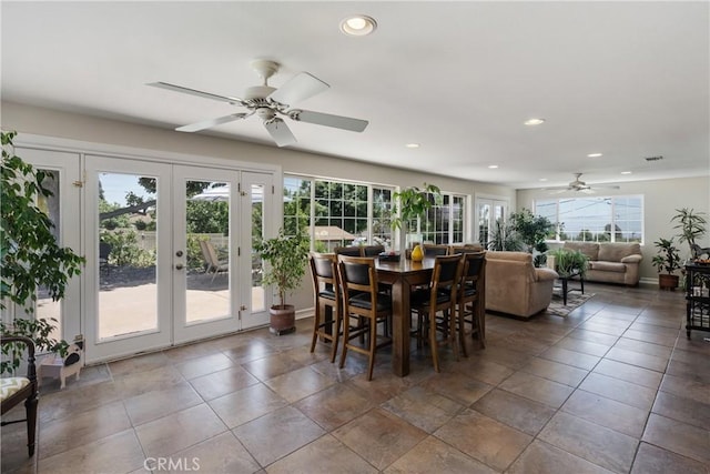 8652 Surrey Ln, Rancho Cucamonga, CA 91701 - dining space with a ceiling fan, french doors, and recessed lighting
