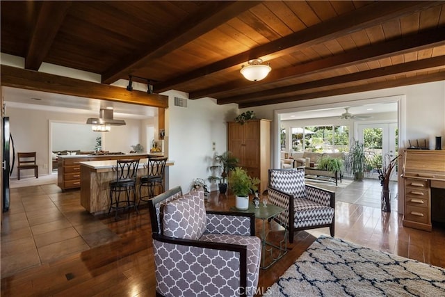 8652 Surrey Ln, Rancho Cucamonga, CA 91701 - living area with a wood ceiling with exposed beams, dark tile patterned flooring, and ceiling fan