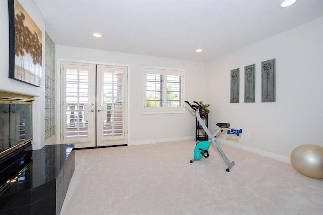 4883 Bradshaw Ct, San Diego, CA 92130 - workout area featuring french doors, recessed lighting, and carpet floors