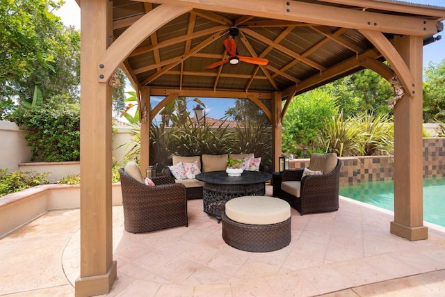 4883 Bradshaw Ct, San Diego, CA 92130 - fenced backyard featuring a gazebo, a patio area, and outdoor lounge area