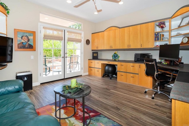 4883 Bradshaw Ct, San Diego, CA 92130 - office space featuring built in study area, ceiling fan, dark wood-style floors, recessed lighting, and french doors
