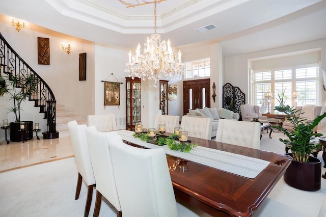 4883 Bradshaw Ct, San Diego, CA 92130 - dining room with stairway, a tray ceiling, and a chandelier