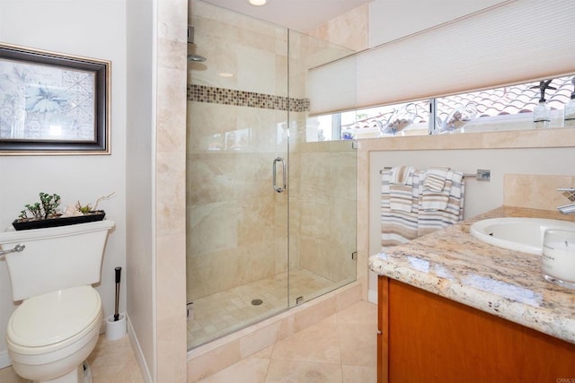 4883 Bradshaw Ct, San Diego, CA 92130 - bathroom featuring a shower stall, tile patterned floors, and vanity