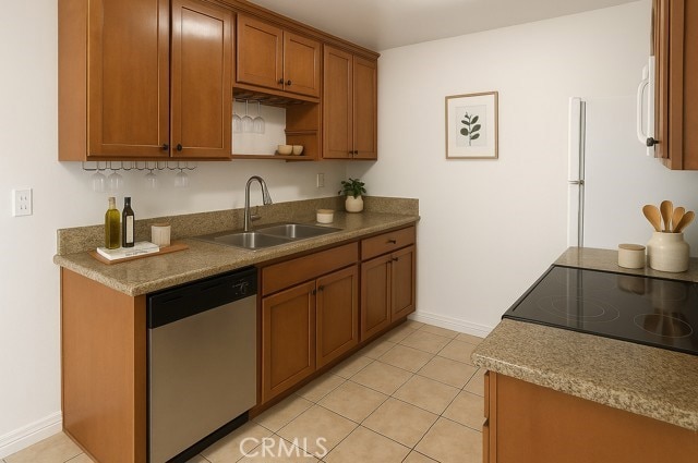 1386 E Madison Ave Unit 21, El Cajon, CA 92021 - kitchen featuring dishwasher, brown cabinets, light tile patterned floors, and open shelves