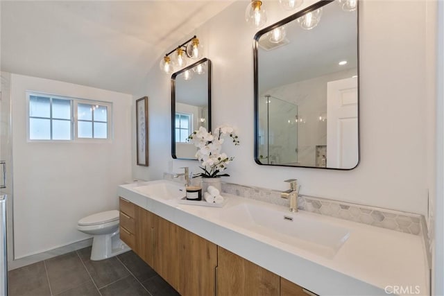 7372 Brian Ln, La Palma, CA 90623 - bathroom featuring an enclosed shower, double vanity, and tile patterned floors
