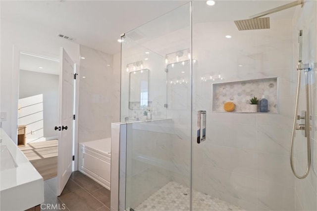 7372 Brian Ln, La Palma, CA 90623 - full bathroom with a stall shower, vanity, a garden tub, tile patterned flooring, and recessed lighting